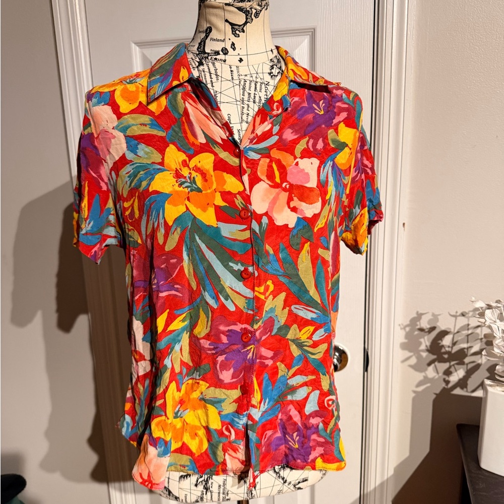 Vintage Silk Retro Funky Flashy Aloha Floral Vibrant Button tee Shirt Hawaiian S